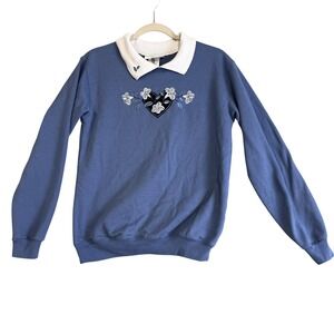 Country Store Polo Shirt Womens Small Blue Fleece Floral Heart Embroidered